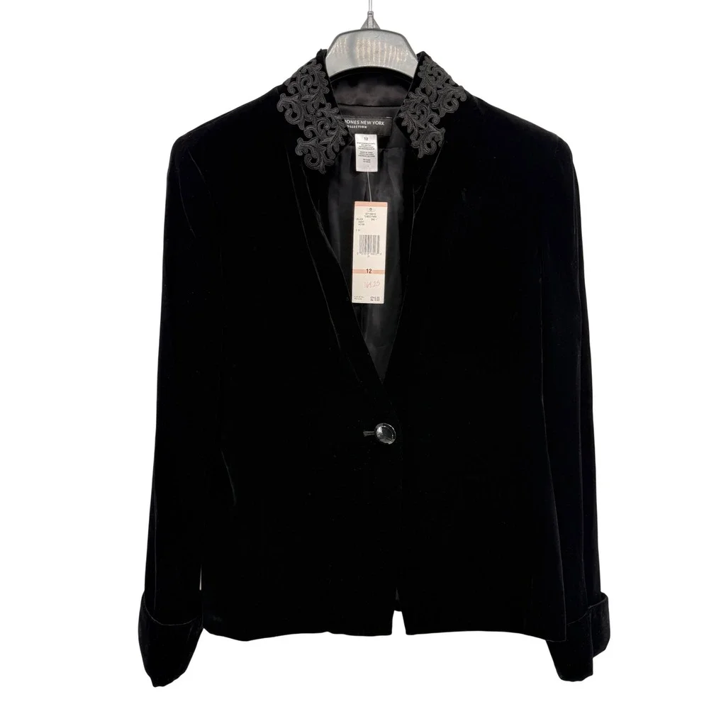 NEW Jones New York Tuxedo Park Blazer Womens 12 Jacket Black Velvet Lace Collar